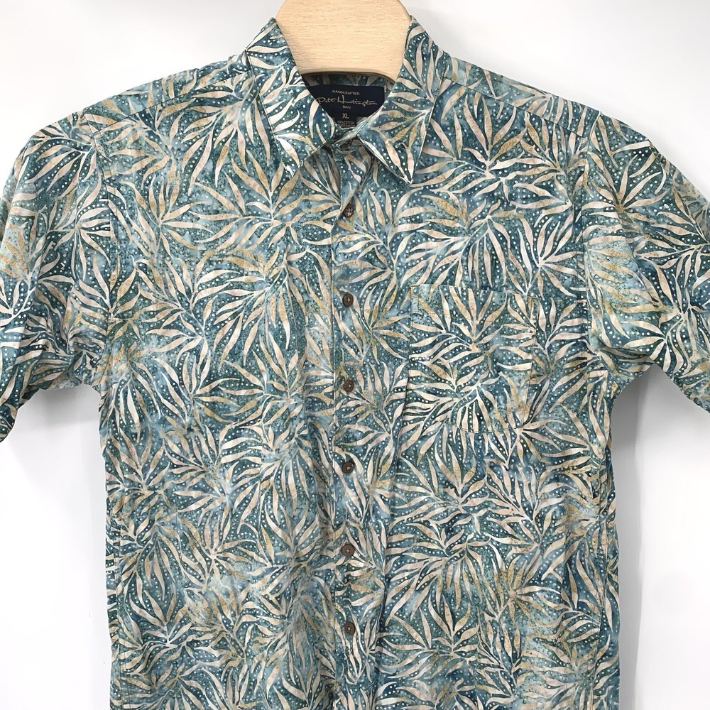 Pete Huntington Shirt Mens XL Teal Botanical Batik Handcrafted Cotton Button Up